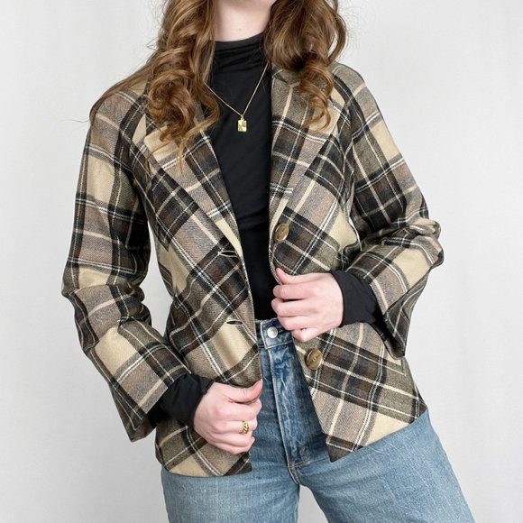 Vintage Plaid Tartan Wool Belted Oversized Blazer Jacket Pea Coat Preppy Fall - Picture 4 of 7